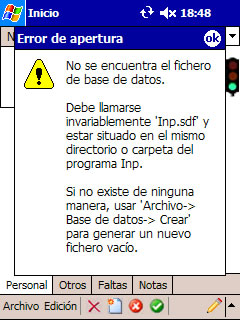 Mensaje de error cuando el programa no encuentra la base de datos Inp.sdf