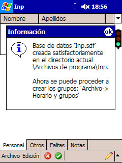 Mensaje que informa de la creaci&oacute;n satisfactoria de la base de datos Inp.sdf